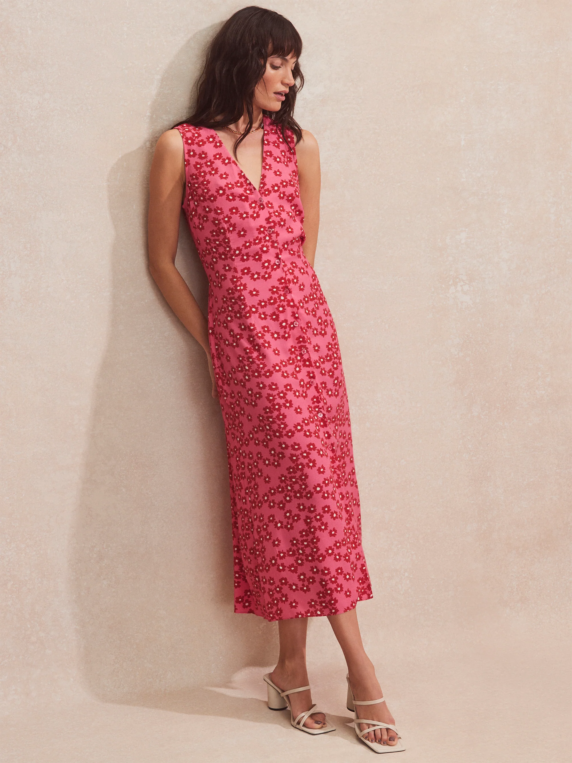 Petite Pink Floral Button-Front Dress