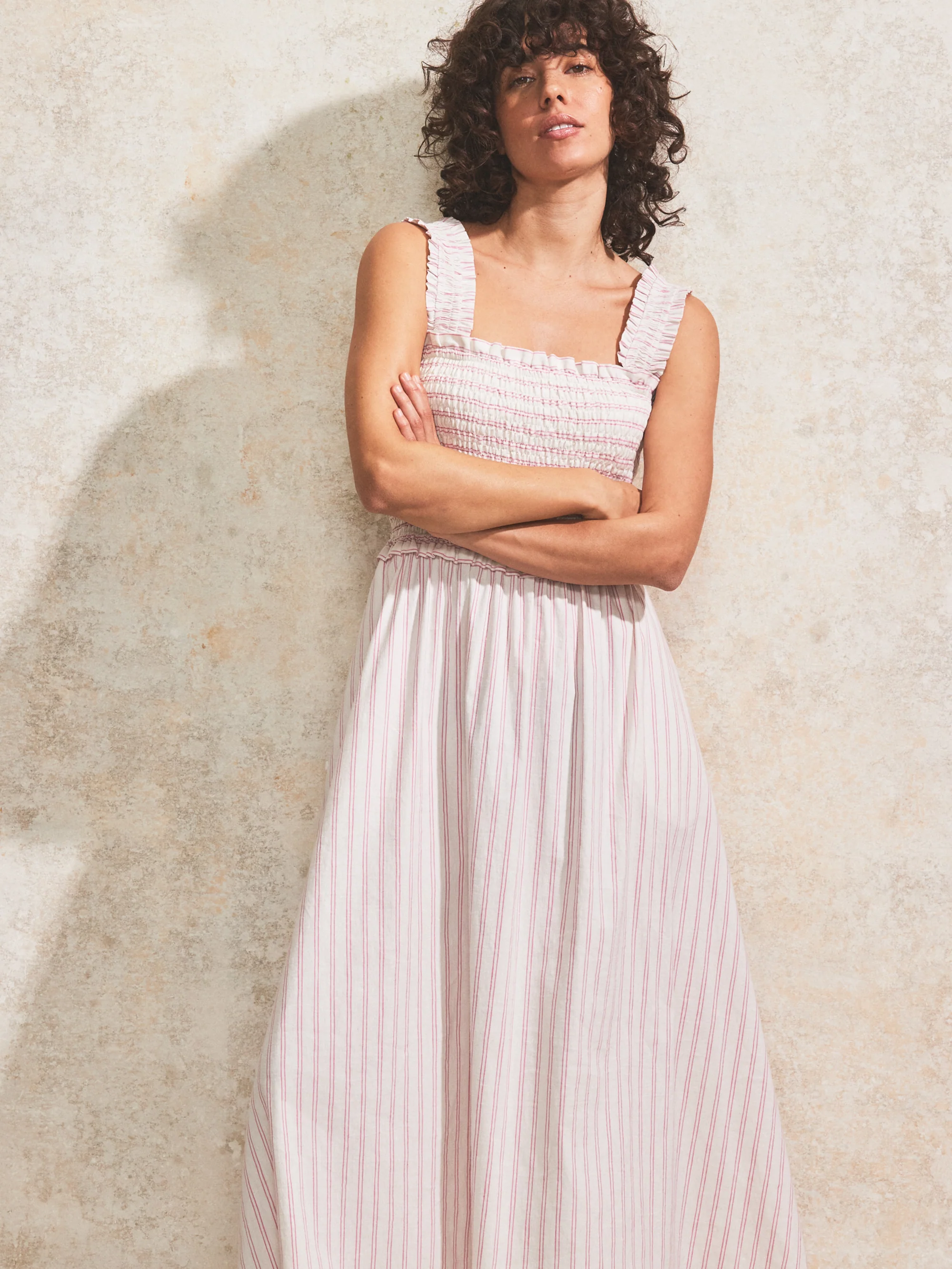 Petite Pink Stripe Shirred Dress